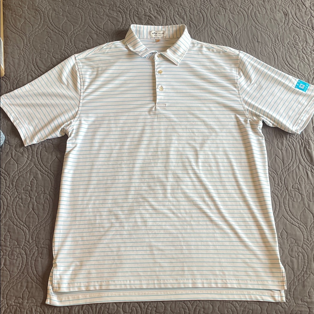 Peter Millar Summer Comfort Polo Shirt - White with Aqua Blue Stripe